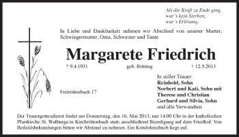 Traueranzeige von Margarete Friedrich von Pegnitz-Zeitung